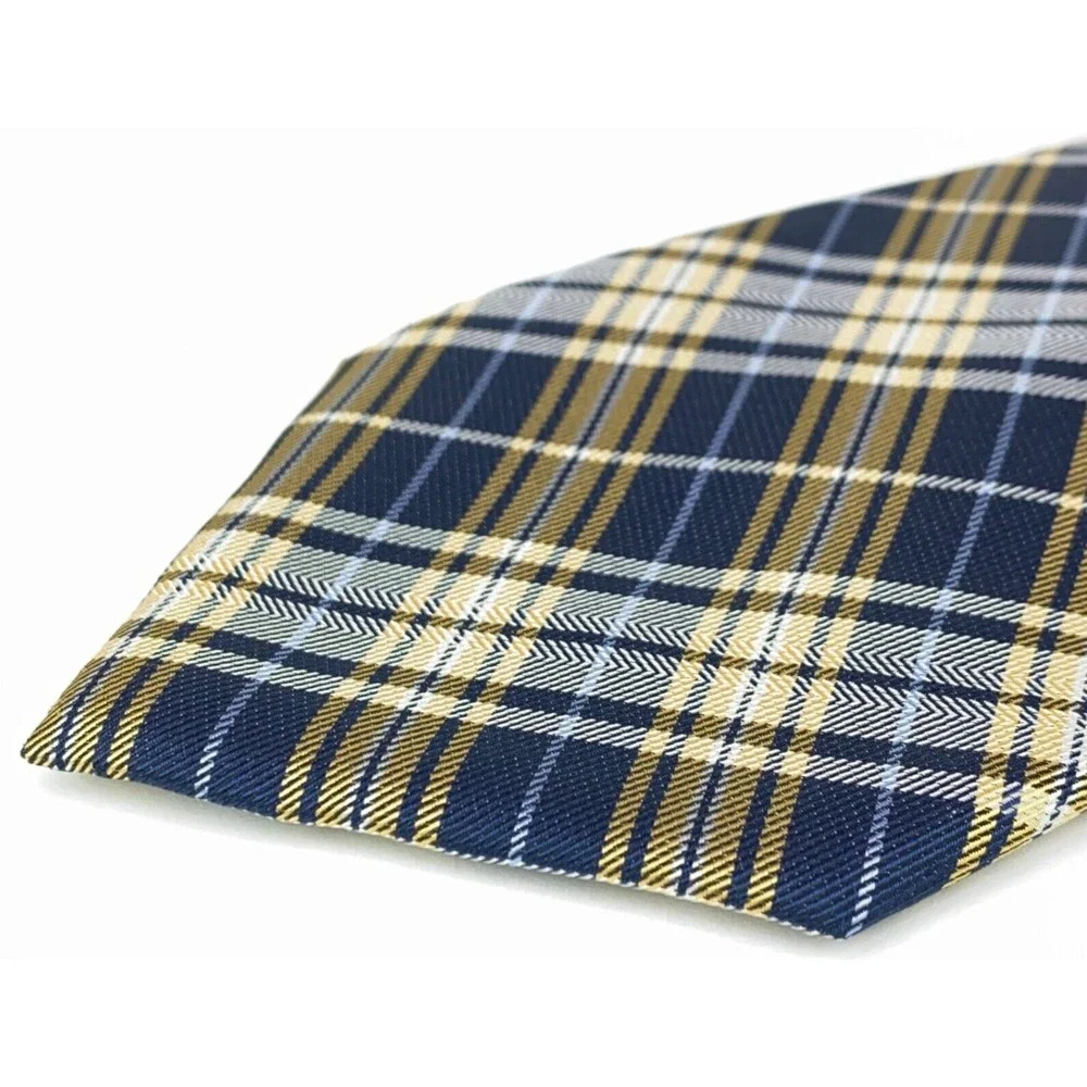 CHAPS Tie Navy & Light Blue Yellow Plaid Striped 100% Silk Hand Made Necktie 58